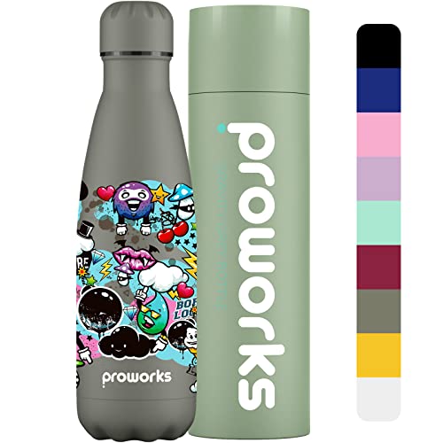 Proworks Botellas de Agua Deportiva de Acero Inoxidable | Cantimplora Termo con Doble Aislamiento para 12 Horas de Bebida Caliente y 24 Horas de Bebida Fría - 500ml - Gravedad Gris - Graffiti Cover