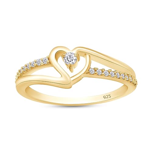 Bypass Heart Promise Ring for Women 1/10 Carat Round Moissanite, Natural or Lab Grown Diamond Ring in 14K Gold Plated 925 Sterling Silver Jewelry Gift for Her (0.10 ctw)