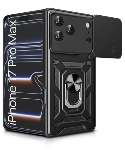 Image of WOW IMAGINE Tough Armor Bumper Mobile Back Case for iPhone 17 Pro Max | Sliding Camera Shield Cover | Shock Proof 360 Protection | Hybrid PC + TPU | Ring Holder with Kickstand - Black