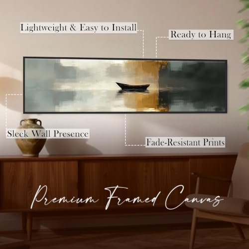 Image of Boat In The River Modern Abstract Art Wall Painting for Living Room, Home and Office Wall Decoration - 13x47 Inch