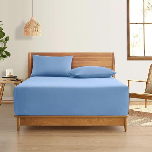 HaraDeco Sábana Bajera Ajustable Cama 150x190/200x28cm, Azul Liso Confeccionada en Tejido Microfibra de Poliéster Tacto Suave Transpirable(Bajera Azul 150)