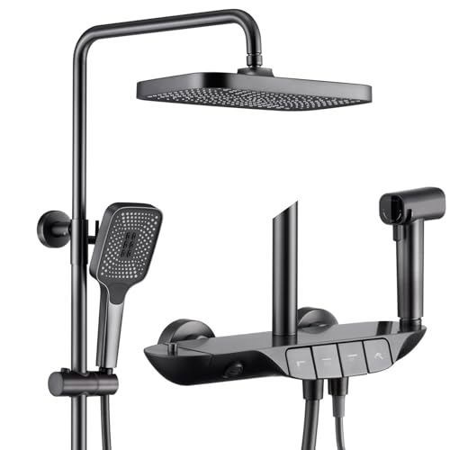 Système de douche thermostatique piano avec pommeau carré et pistolet de rinçage haute pression