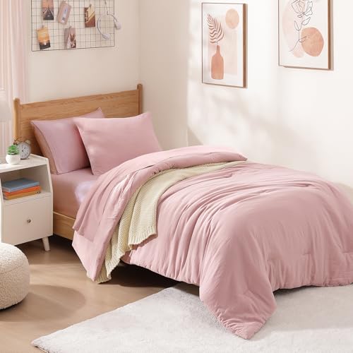 Image of Twin XL Comforter Set- 5 Pieces Prewashed Bed in a Bag Twin Bedding Sets | Soft All Season Comforter with Sheets, Pillow Sham & Pillowcase,Soft Pink