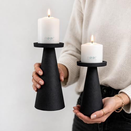 Image of ππππ πππππππππππππ | Metal Pillar Candle Holder Set of 2 | Table Centerpieces Coffee Tables | Candles Stand for Christmas Home Decor Gift | Wedding Gift (Leather Textured- Black)