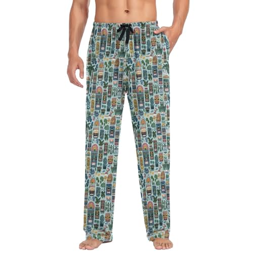 Aflyko Men's Pajama Pants Tiki Mask Palm Cute Blue Pjs Sleepwear Bottoms