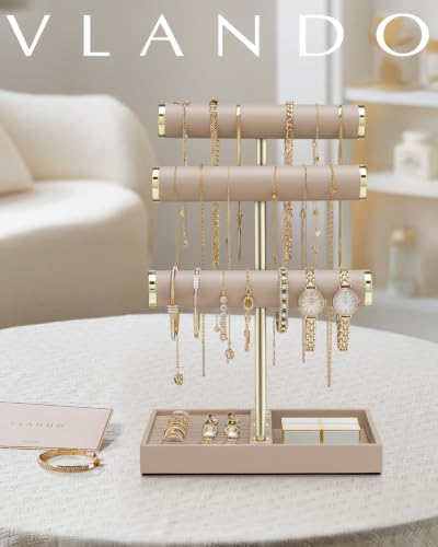 VLANDO 3 Tier Bracelet Holder Organizer with Tray - Leather Jewelry Stand Organizer for Women - Jewelry Holder Display for Necklace, Watches, Rings, Earrings, Bangle, Scrunchie - Toffee - Image 2