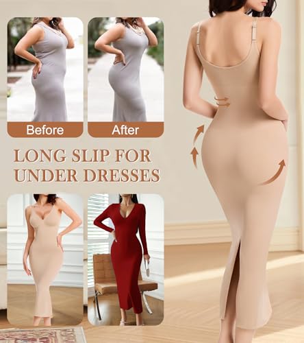 Shapewear Slips for Under Dresses Full Slip Dress for Women Tummy Control Seamless Body Shaper V Neck Slip3