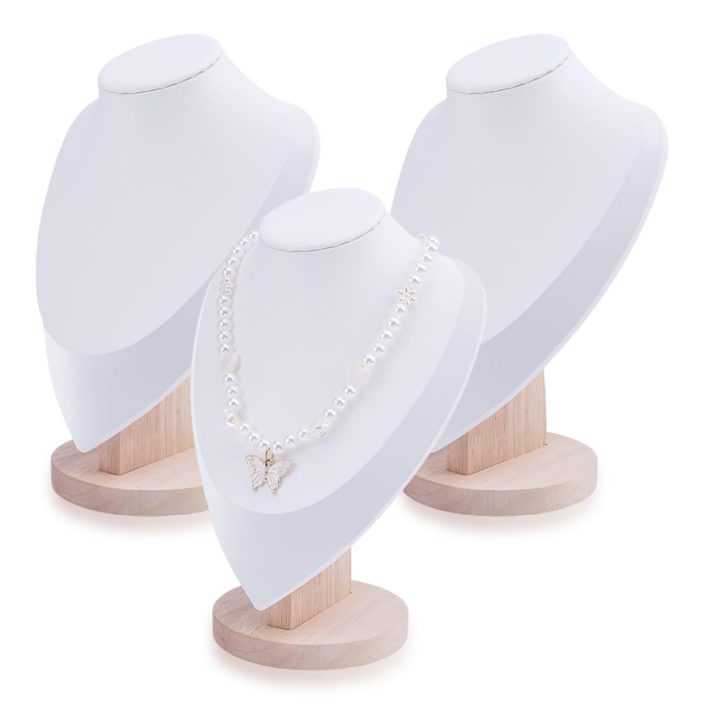 arricraft 3 Stück Büste Halskette Display Ständer, weiße PU Leder Holzschmuck Display Ständer mit Holz Basis Mannequin Halskette Kettenhalter Organisator für Schmuck Showcase Home Store