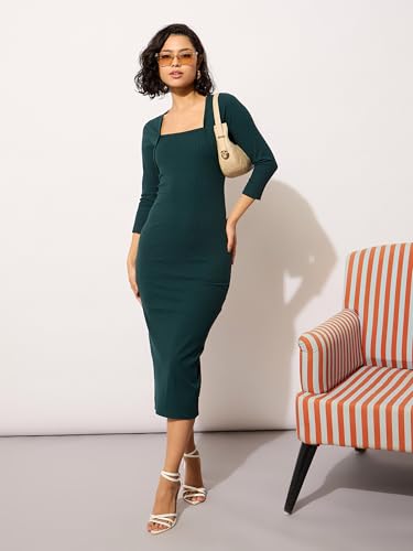 Image of barcino Black Rib Square Neck Sticth Detail Midi Dress