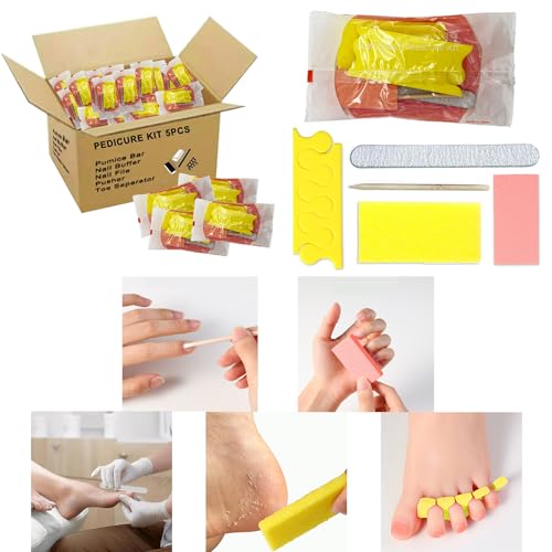 LVKN Disposable Pedicure Kit 5-in-1, 100 Counts - Nail Buffer, Pumice Pad, Nail File (100/180 Grit), Wood Stick and Toe Separators - Complete Pedicure Kit for Salon or Home Use