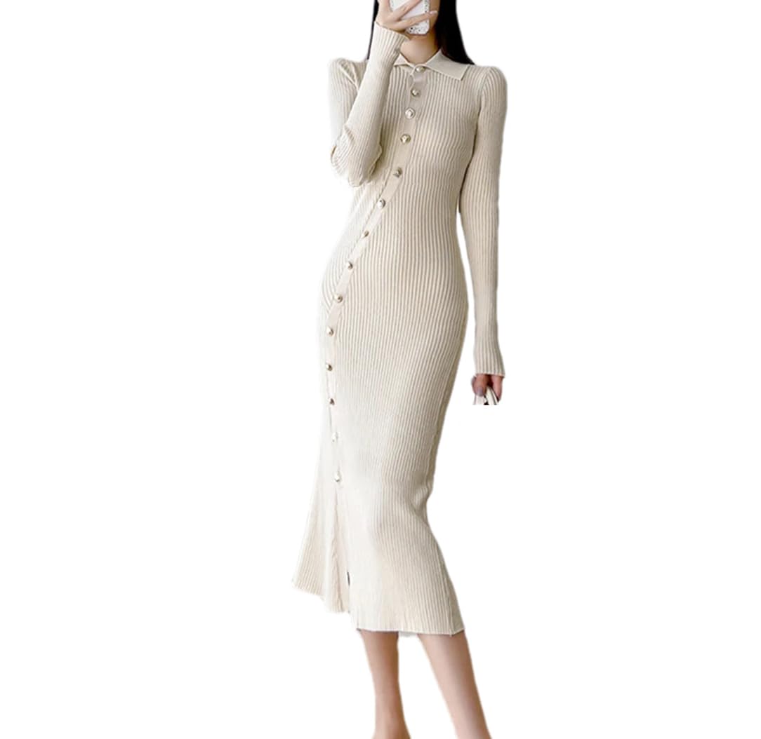 Robe pull en tricot fin à manches longues pour femme à simple boutonnage uni