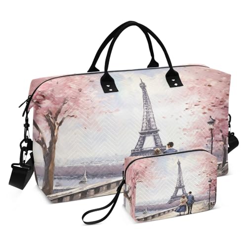 YETTASBIN Travel Duffel Bag for Women Men, Paris Eiffel Tower Large Waterproof Weekender Overnight Bag, Detachable Shoulder Strap Travel Sport Gym Bag with Toiletry Bag