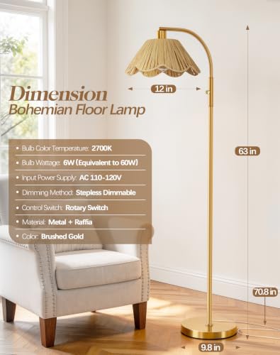 Image of QiMH Gold Floor Lamp for Living Room, Modern Standing Lamp with Raffia Lampshade, Stepless Dimmable Rotary Switch, 63 inch Farmhouse Adjustable Tall Stand up Lamp for Bedroom Home Office Boho Decor