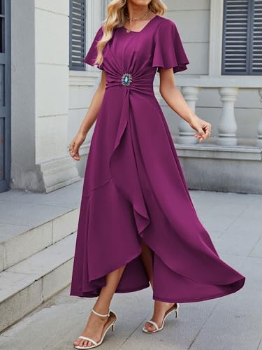 Image of QMZ Wedding Guest Dresses for Women V Neck Cocktail Dress Ruffle Sleeve A Line Evening Party Formal Dresses for Women