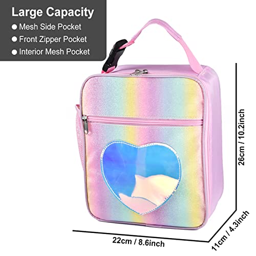 Insulated Lunch Bag for Kids Girls Pink Rainbow Glitter Portable Leakproof Kids Lunch Box for Women Food Drink Pack Cooler Bag for Work School Picnic Camping