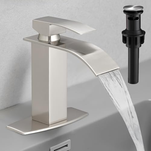 Hoimpro Brushed Nickel Waterfall Bathroom Faucet with cUPC Supply Lines,