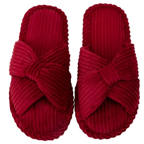 Enteer Womens Corduroy Bow Memory Foam Slippers Open Toe Cross Band Non-Slip Indoor Outdoor House Slippers Red US9-10
