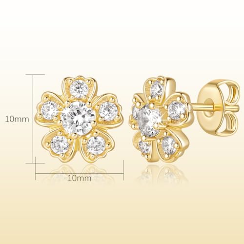 Gold Studs Earrings for Women 14k Gold Earrings for Women Flower Stud Earring for Womens Stud with Cubic Zirconia Casual Vibe and Edgy Feel CZ Studs Earring for Womens 10mm2