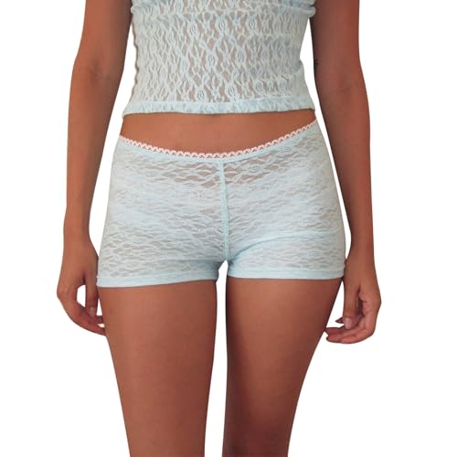 SOLILOQUY Coquette Women Mini Lace Sheer Shorts Lace Floral See Through Low Rise Undershorts Sexy Pettipants Y2k Streetwear (Blue, M)