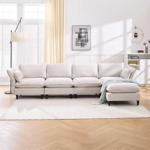 4 Seats Modular Sectional Couch with Movable Ottoman, Upholstered Cloud Couch with 2 Layer Cushion and Adjustable Armrest, 125" Deep Seat Sectional Couches for Living Room Beige