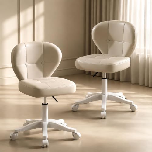 Image of Small Office Chair with Lumbar Support, PU Leather Armless Swivel Desk Chair Adjustable Height, Compact Rolling Chair for Home Office, Bedroom, Study (White Set of 2)