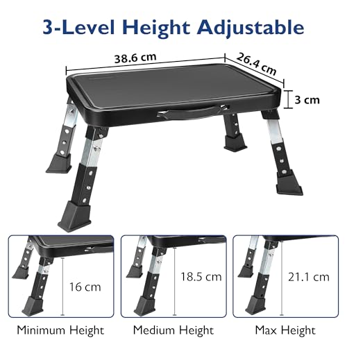 BONTEC 3-stufig höhenverstellbarer klappbarer Tritthocker mit rutschfester Plattform und Gummifüßen, tragbare Leiter für Erwachsene, Senioren und Kinder, max. 150 kg, faltbar, ideal für Küche und Büro