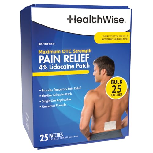 HealthWise 4% Lidocaine Pain Relief Patch | Maximum OTC Strength | 25-Count | 3.93” x 5.51” | Soothes Minor Aches and Pains | Odor Free | Topical Anesthetic | Easy to Apply Flexible Adhesive