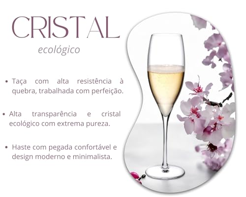 Jogo 6 Taças 310ml De Cristal Ecológico Transparente Champanhe Espumante Resistente Luxuosa Minimali
