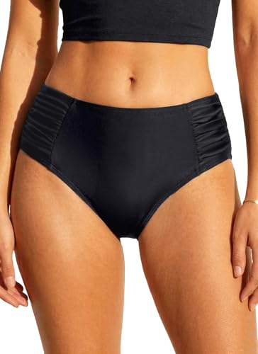 Tempt Me Women Black Bikini Bottoms Mid Waist Ruched Bathing Suit Swimsuit Full Coverage Swim Bottom M