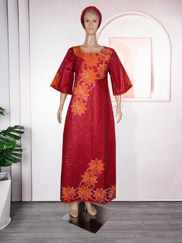 Image of HD African Bazin Riche Maxi Dress for Woman Traditional Embroidery Dashiki Dresses with Head Wraps