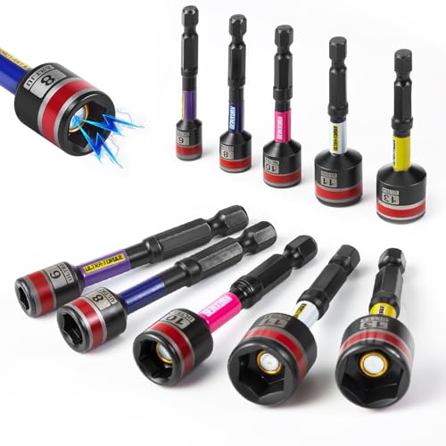 GEINXURN 10tlg Magnet Sechskant Stecknuss, 65mm Lang Metrische Steckschlüsselsatz 6mm, 8mm, 10mm, 11mm, 13mm, 1/4" Sechskantschaft Magnetisches Schlagschrauber Nüsse Adapter für Akkuschrauber