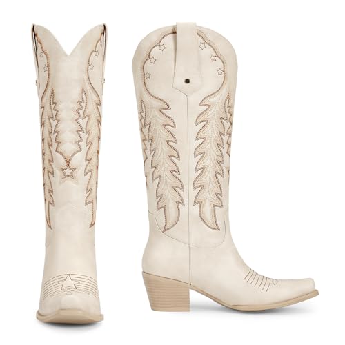 Image of wetkiss Cowboy Boots Womens Knee High Cowgirl Boots Embroidered Pointed Toe
