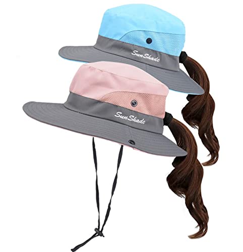 Kids Girls UV Protection Sun-Hat Wide Brim Bucket-Cap with Ponytail Hole Fit for 3-6 Years