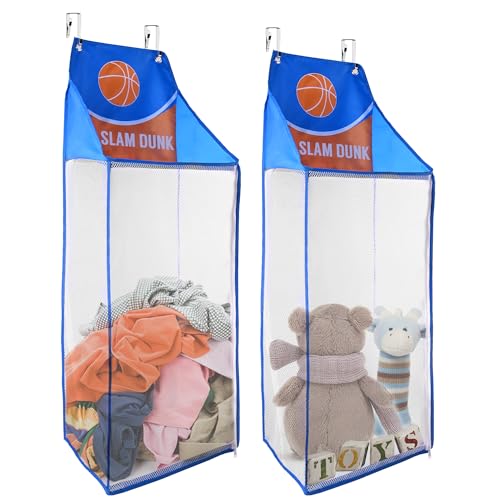 SPINFOX 2 Pack Over the Door Laundry Hamper Hanging Basketball Laundry Hamper with Zipper Foldable Mesh Laundry Bakset for Dirty Cloth Toy Towel Saving Space Storage and Organization - Basketball