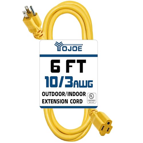 YOJOE - Indoor Outdoor 3 Pin 15 Amp Weatherproof 10 Gauge Yellow Extension Cable for Garage, Garden and Household