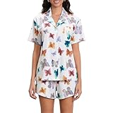 TUWIXIUW Women Cute Print Pajamas Shorts Set Short Sleeve Sleepwear 2 Piece Pj Sets Summer Button Shirts Lounge Shorts Outfit(20-Butterfly,Large)