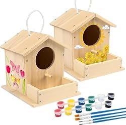 LotFancy 2 Casa Pajaros Madera para Pintar, Casa P...: Kit Casa Pajaros Manualidades: El paquete contiene 2 casa passaros exterior diy, casita para pájaros incluye 10 piezas de madera con agujeros, un poste para percha, una cuerda para colgar, 28 tornillos, 6 pinturas, 2 cepillos, un kit de guía de instr...