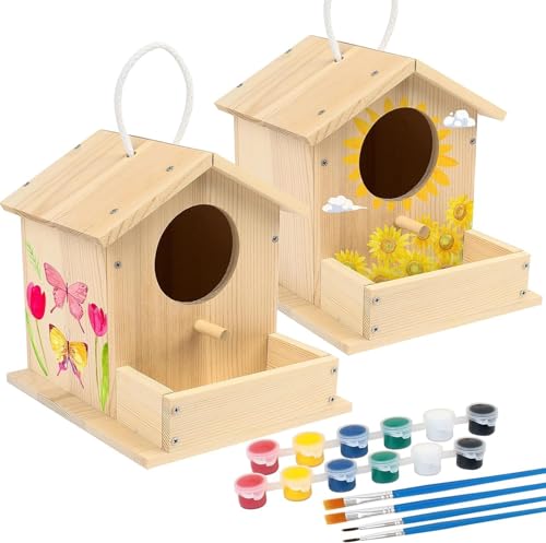 LotFancy 2 Casa Madera Pajaros para Pintar, Casa Pajaros Exterior DIY, Juego de Manualidades de Madera, Manualidades de Casitas para Pájaro, Caseta Pajaro Jardin, Regalos para Niñas, Niños