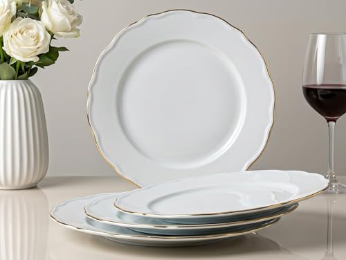 Image of Bodhi House 4-Piece Gold Rim Porcelain Quarter Plates Set | Snack & Dessert Plates | Lightweight, Chip Resistant, | Dishwasher Safe | Elegant Tableware for Dining & Gifting | White