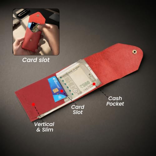 Image of The Wallet Store Flip 2.0 Genuine Leather Vertical Slim Wallet for Men | Pull-String Quick Card Access | Compact Front Cash Pocket & Button Lock | Minimalist Travel & Daily Carry Wallet (Red)
