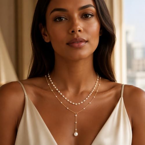 Lariat Gold Necklace for Women, Layered Long Y Pearl Pendant Necklace — 사진 4