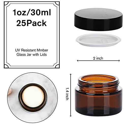 1oz Glass Jar with Lid, Hoa Kinh 25Pack Amber Round Containers Cosmetic Glass Jars with Inner Liners and Black Lids Travel Jars for Storing Lip and Body Scrub, Lotion, Body Butter, Bath Salts, Liquid by 11 Hoa Kinh - Image 3