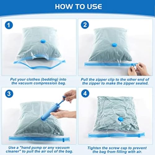 MOMENT 5 Pack Vacuum Compression Clothing Storage Bags with Hand Suction Pump (1 Jumbo, 2 Large, 2 Medium), Space Saver Bag Reusable Plastic Sealer Bags for Clothes, Blanket, Pillows,Travel