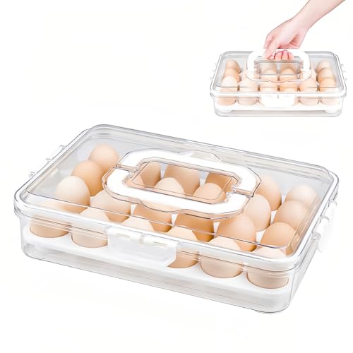 OSDUE Hueveras para Frigorifico, Reutilizable Bandeja Dividida para Servir con Tapa 24 Huevos PortáTil Snack Box con Tapa y Asa Contenedor de Huevos de Plástico para Refrigerador Almacenar Huevos
