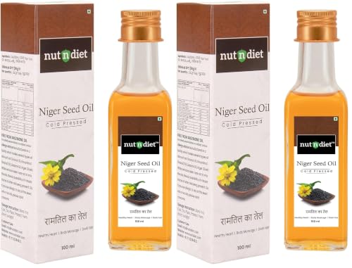 Image of nutndiet Cold Pressed Niger Seed Oil, Heart Healthy Edible Ramtil ka Tel for Cooking, Body Massage and Hair Care, Glass Bottle 100ml (Pack of 2)