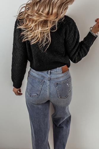 Chic Women's Black Shimmer Button-Up Cardigan with Flap Pockets3