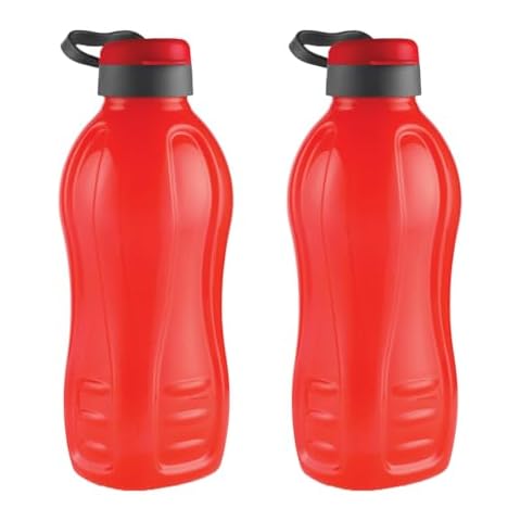 oliveware Jumbo 2 Litre Water Bottle, 100% Leak Proof, BPA Free Premium Plastic Bottle, for Home, Office & Gym, Sturdy with Holder, Pack of 2 (Red) Cover