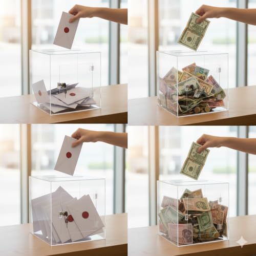 Image of Transparent Acrylic Donation Box Daan Patra Visiting Card Drop Box Ballot Box Durable with key facility for Charity & Suggestion Collection (10x10x10 inches)