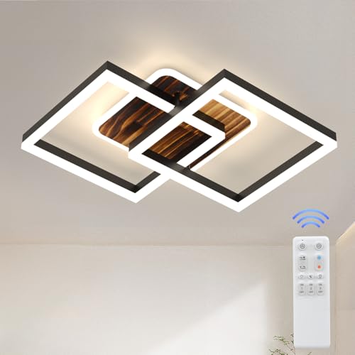 ANTENLICHT LED Deckenlamape Wohnzimmer Vintage Geometrisch, 40W Wohnzimmerlampe mit Fernbedienung Stufenlos Dimmbar 3000-6500K, Deckenleuchte aus Metall für Wohnzimmer Schlafzimmer, Schwarz mit Holz