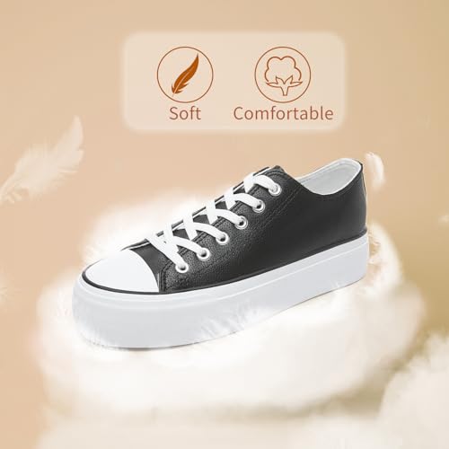 Rominz Women's White Platform Sneakers PU Leather Platform Shoes Classic Black Low Top Sneakers Casual Walking Shoes for Women 5